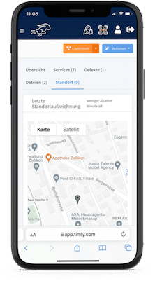 Handy zeigt Timly Betriebsmittelverwaltung Kartenansicht