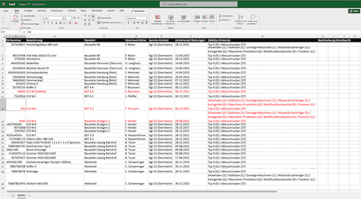 Illustration zeigt Werkzeugverwaltung Excel in der Übersicht