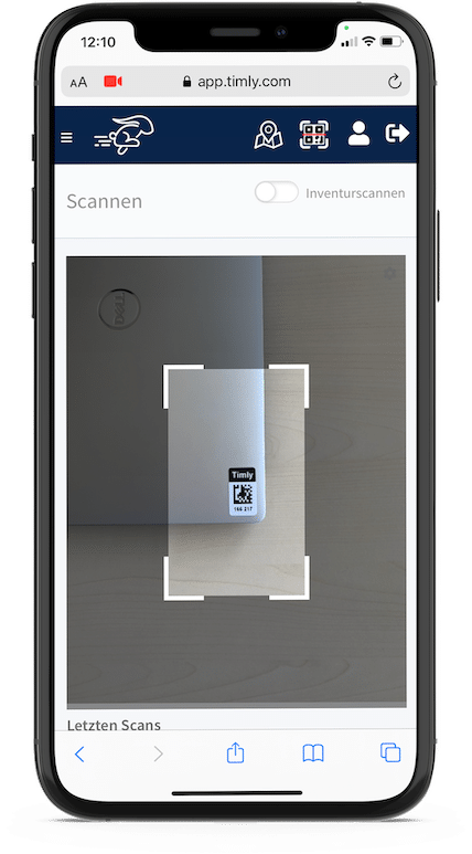 Mobile Vorschau der Timly Inventar App im Einsatz mit Scanner