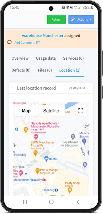 Mobiler Bildschirm zeigt GPS Map in der Timly Inventar App