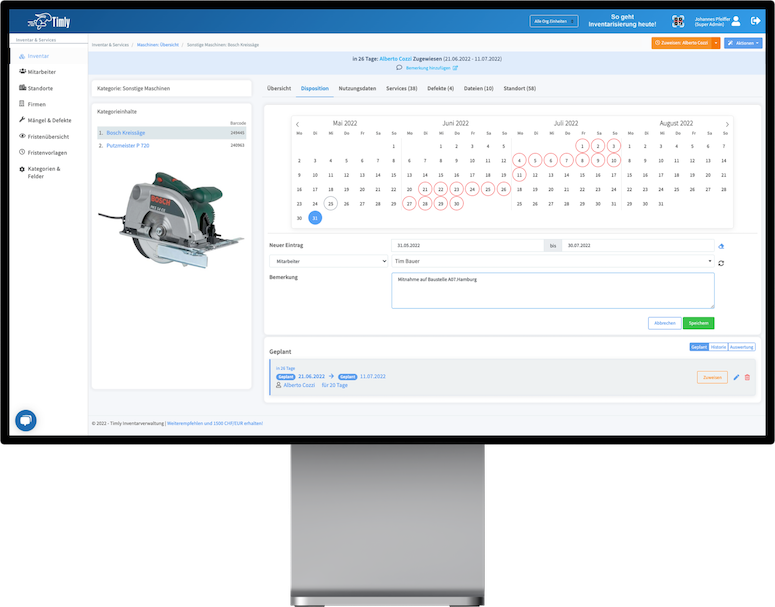 Deadline management of tools with smart inventory software