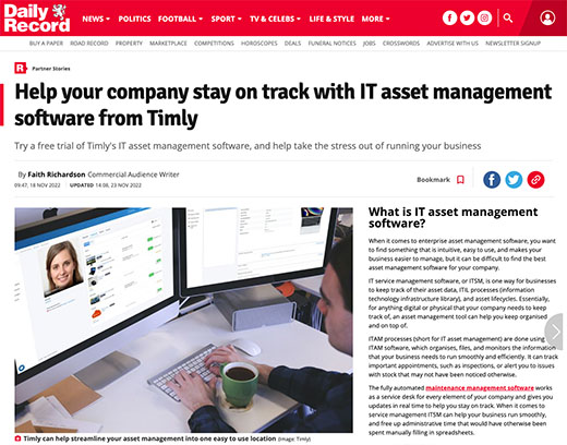Daily Record UK preview article on Timly asset management software