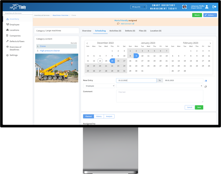 Desktop screen showing how to schedule crane inspections