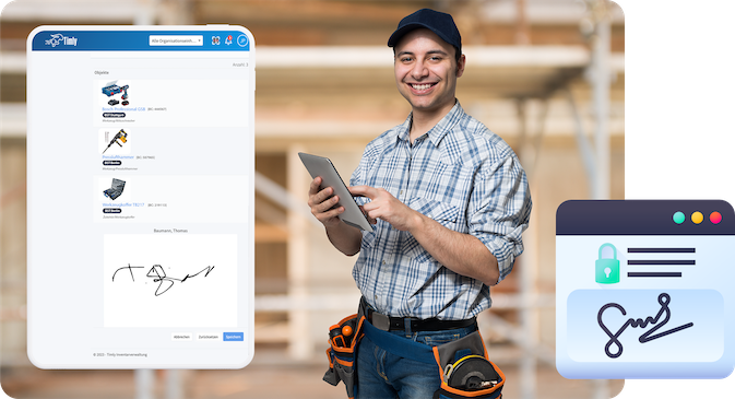 Mitarbeiter fuehrt Werkzeugverwaltung mit Unterschrift durch