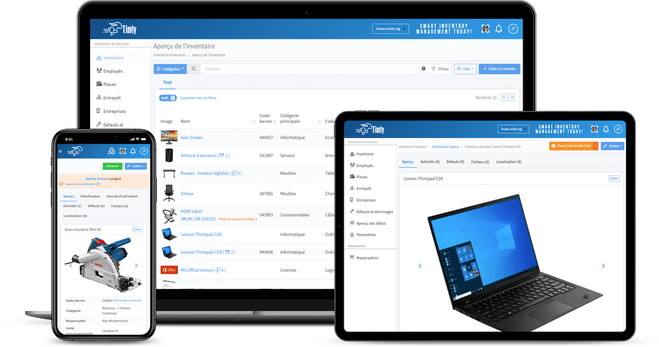 Le logiciel de gestion des actifs d'inventaire Timly sur smartphone, tablette et ordinateur