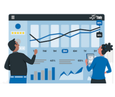 Dos personas analizando gráficos y datos en un panel de control interactivo, con líneas de tendencia y barras que muestran porcentajes y crecimiento a lo largo del tiempo.