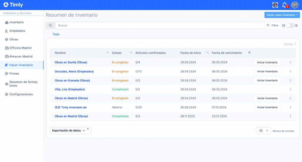 Pantalla de resumen de inventario en el software Timly, mostrando el estado de varios inventarios en curso y completados, junto con detalles de artículos confirmados y fechas de inicio y vencimiento.