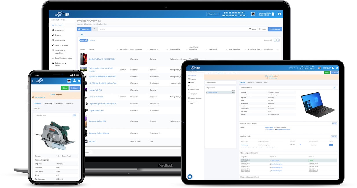 Dispositivos mostrando el software de gestión de inventario Timly, con listas y detalles de productos como una sierra circular y un portátil