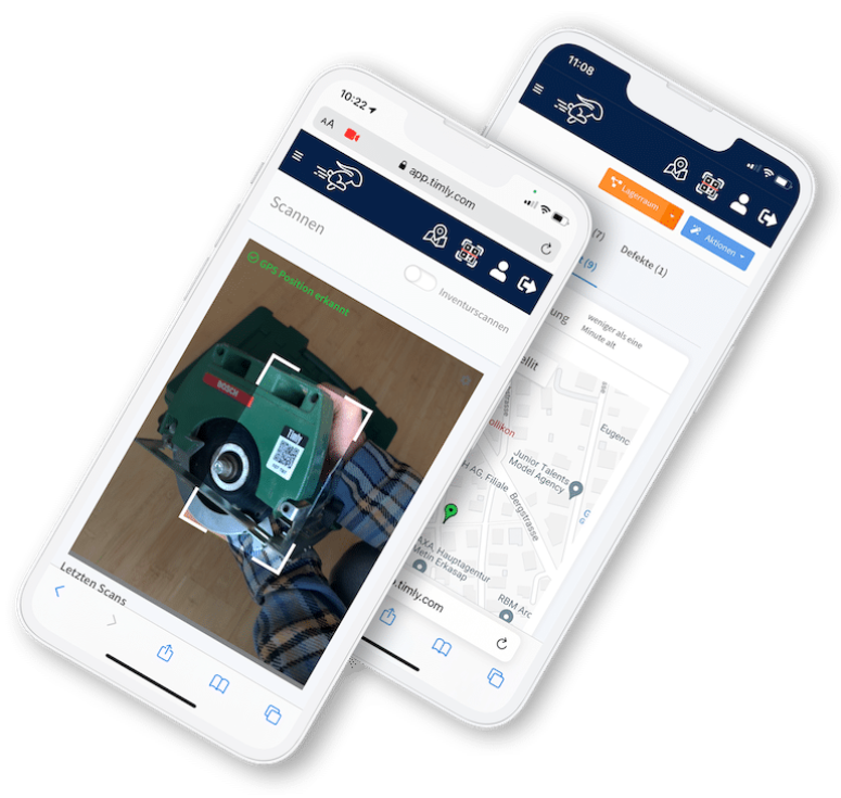 Dos teléfonos inteligentes mostrando una app de gestión de herramientas, uno escaneando un código QR en una herramienta y el otro mostrando la ubicación en un mapa.