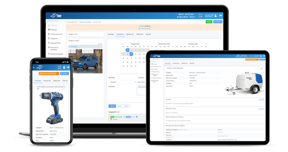 Dispositivos móviles, tablet y portátil mostrando un software de gestión de herramientas, con detalles de inventario, calendario de mantenimiento y equipos registrados.