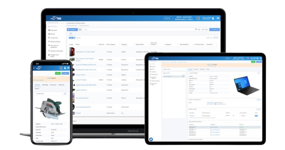 Capturas de pantalla del software de seguimiento de activos Timly, mostrando su interfaz en un teléfono móvil, una tableta y una computadora portátil para gestionar dispositivos y equipos de inventario.