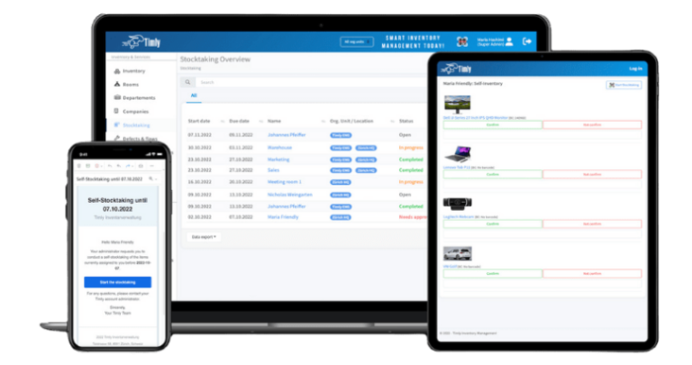 Interfaz de software para hacer inventario mostrada en smartphone, portátil y tablet, con detalles de seguimiento de inventario y estado de activos