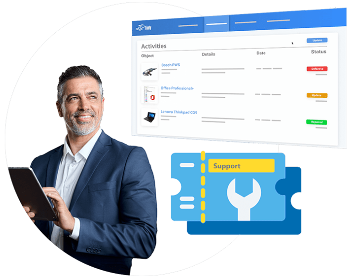 Hombre usando una tableta frente a la interfaz del sistema de tickets de Timly, que muestra el estado de diversos objetos como 'defectuoso' o 'reparado'. Incluye un ícono de ticket de soporte que representa la funcionalidad del sistema de tickets para gestionar incidencias y actividades.