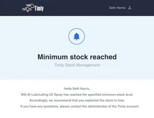 Pantalla de notificación del software de gestión de stocks de Timly indicando que se ha alcanzado el nivel mínimo de inventario y recomendando reponer el producto.