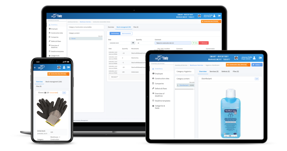 Interfaz del software de gestión de inventario de Timly, mostrada en un smartphone, portátil y tablet, gestionando guantes y desinfectante en un entorno de almacén.