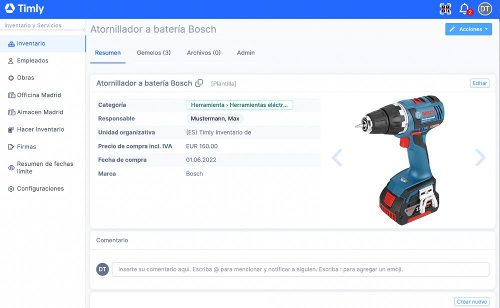 Pantalla de software de gestión de stocks mostrando los detalles de un atornillador a batería, incluyendo información de categoría, responsable, precio, y marca