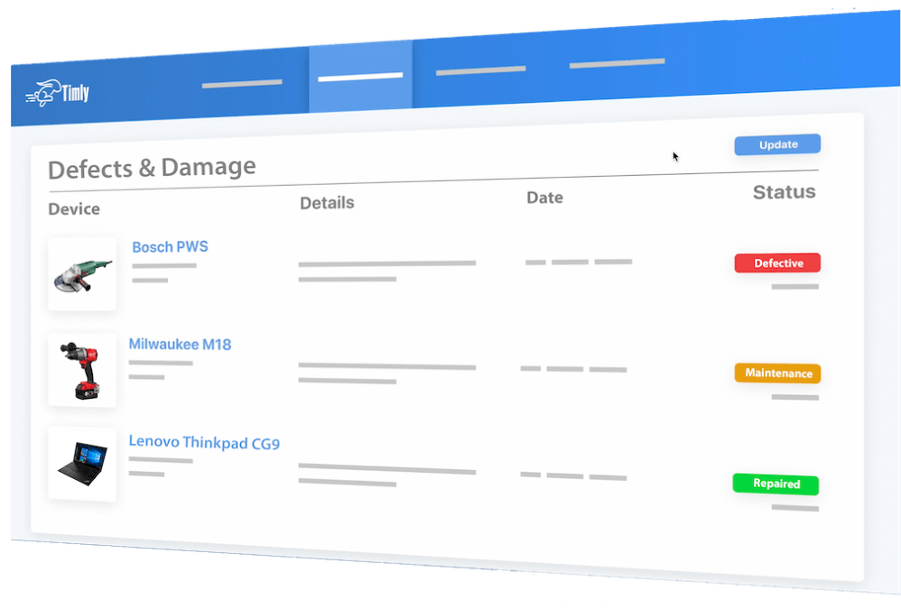 Pantalla del software de sistema de tickets Timly mostrando la lista de dispositivos con estado de defectos, mantenimiento y reparaciones.