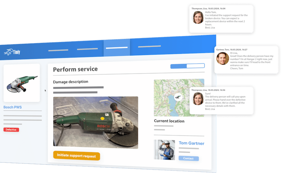 Pantalla del sistema de tickets de soporte Timly con dispositivo defectuoso, detalles del servicio y conversación sobre soporte.