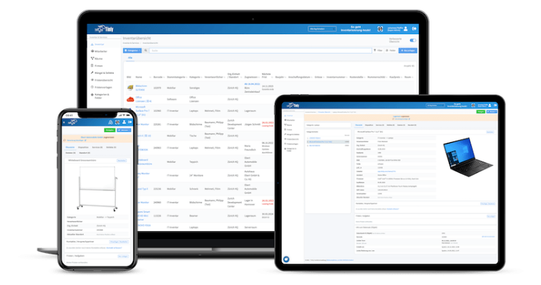 Imagen del software **Timly de gestión digital de activos para escuelas**, accesible desde dispositivos móviles y computadoras. Ideal para gestionar el **inventario escolar** de manera eficiente y organizada.