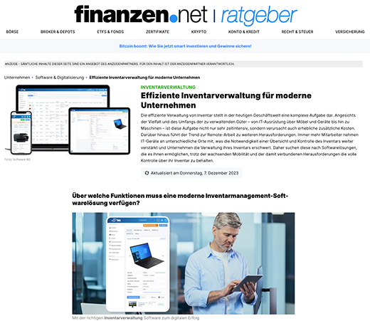 Vorschau des FAZ Beitrags über die Timly Inventarverwaltung Software