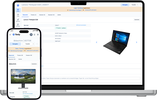 Die Timly Inventarisierungssoftware angezeigt auf verschiedenen mobilen Geraeten