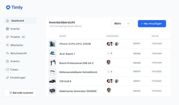 Desktop-Ansicht der Timly Inventarsoftware