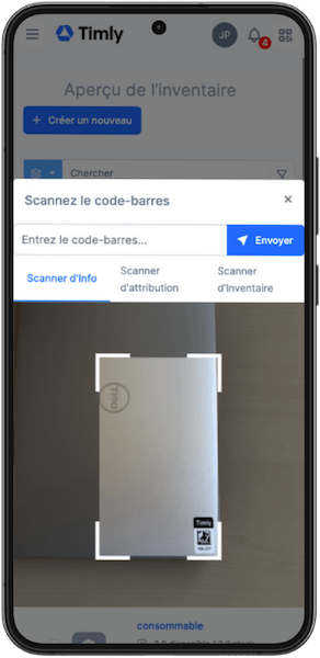 Aperçu de l'application de gestion d'inventaire avec scanner intégré Timly