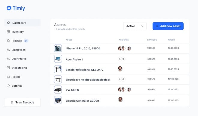 Mobile devices display the Timly asset tracking software in use