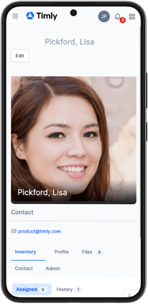 Employee profile displayed in the Timly inventory app