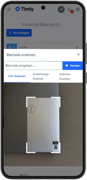 Mobile Vorschau der Timly Inventar App im Einsatz mit Scanner