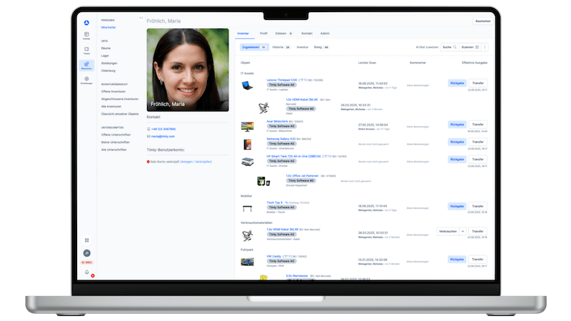 Bildschirm zeigt Mitarbeiterprofil in der Inventar Software