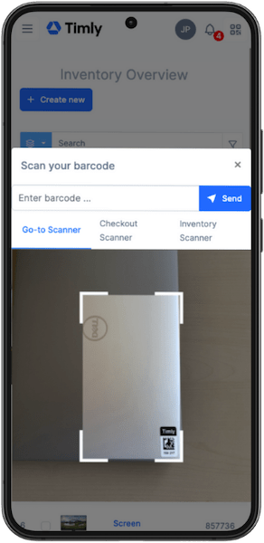 Mobile preview of the Timly inventory app in use with scanner