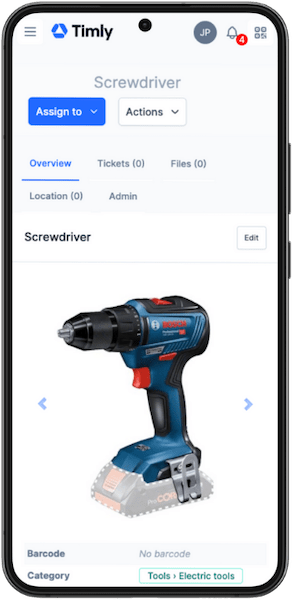 Mobile screen showing asset in the Timly inventory app
