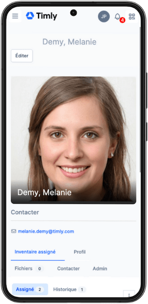 Profil d'un employé affiché dans l'application de gestion d'inventaire Timly