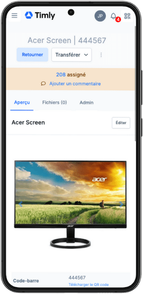 Smartphone affichant un actif dans l'application de gestion d'inventaire Timly