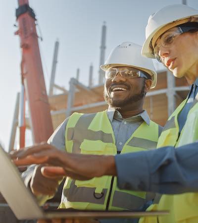 Dos especialistas inspeccionan el sitio de construcción de un edificio comercial e industrial. Proyecto inmobiliario.