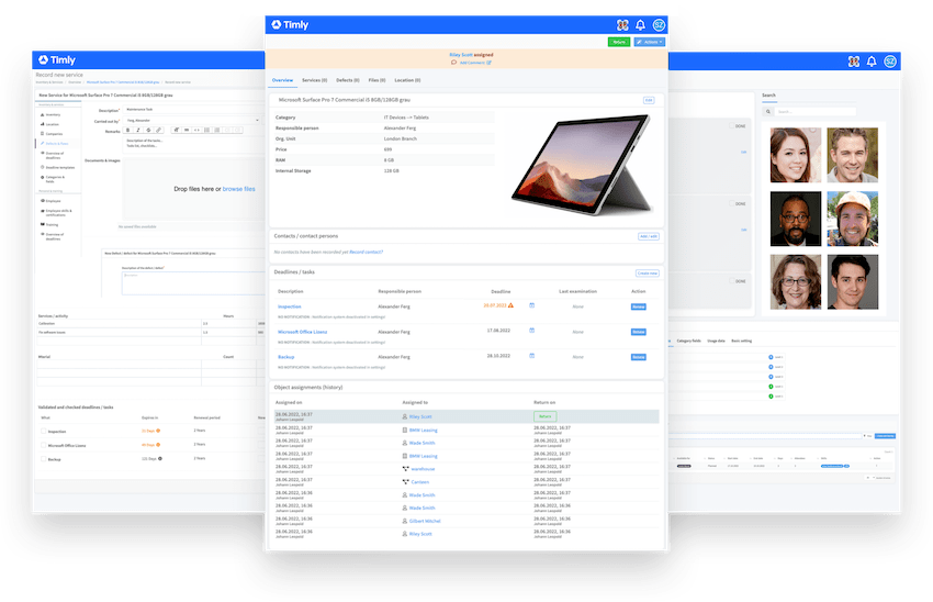 Various screens show a preview of the asset tracking software