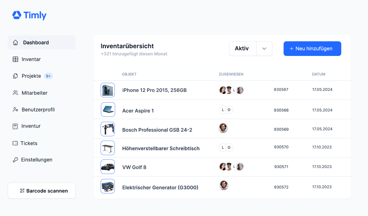 Timly Materialverwaltung screenshot dargestellt