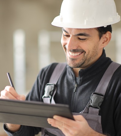 Trabajador usando la firma digital en la tablet Trabajador con casco utilizando un lápiz electrónico para firmar de manera digital en una tablet en el lugar de trabajo.