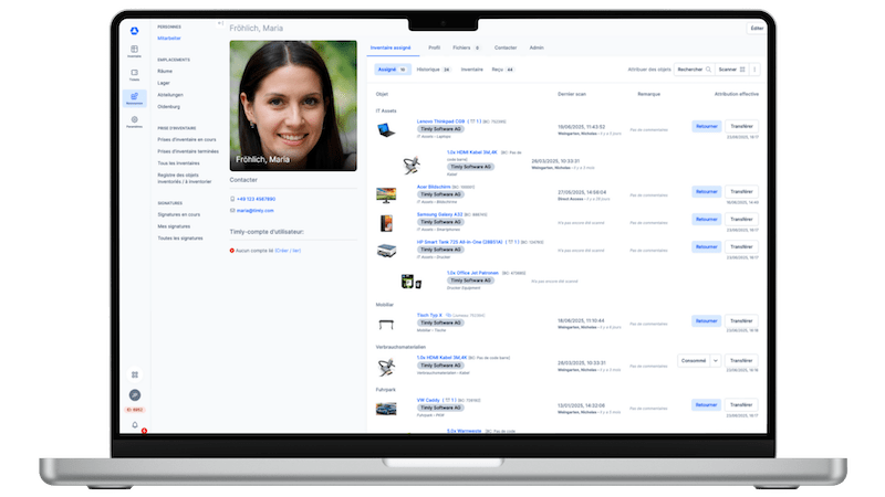 L'écran affiche le profil de l'employé dans le logiciel d'inventaire.