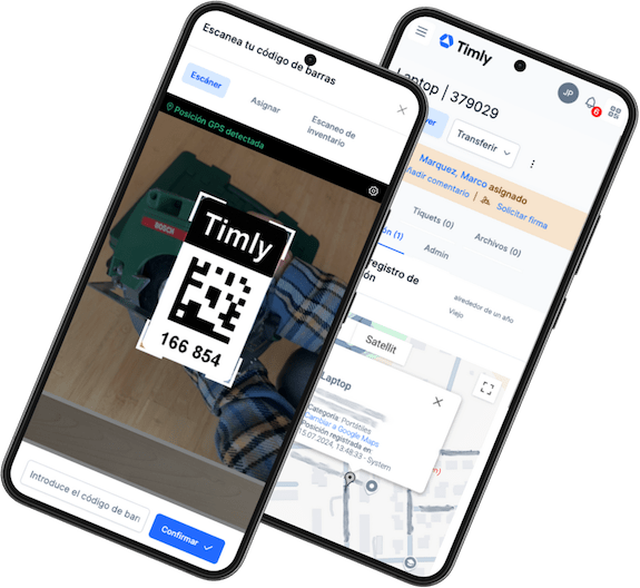 Dos teléfonos inteligentes mostrando una app de gestión de herramientas