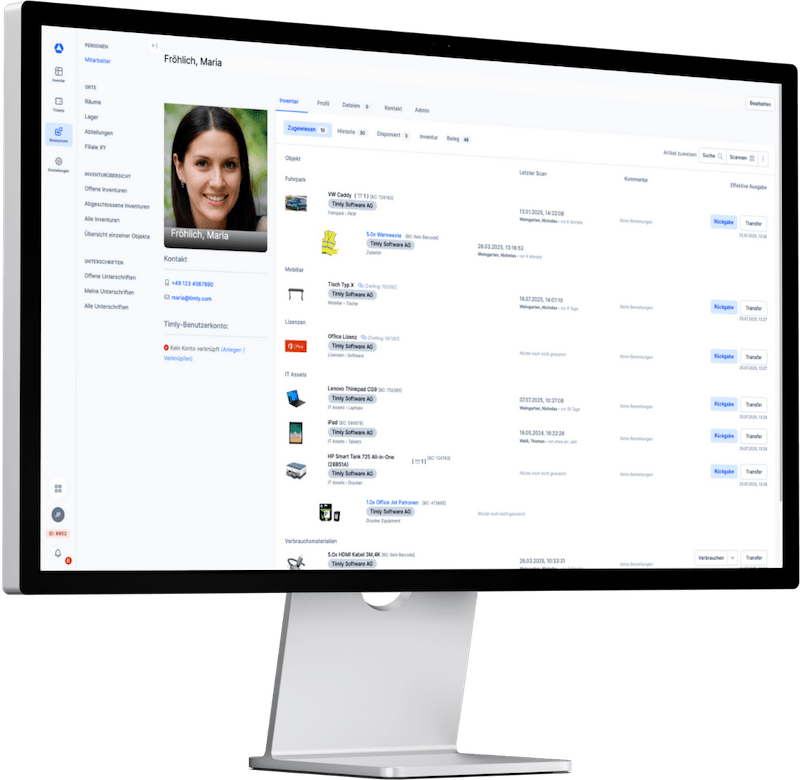 Bildschirm zeigt IT Inventarisierung Software mit Mitarbeiterprofil