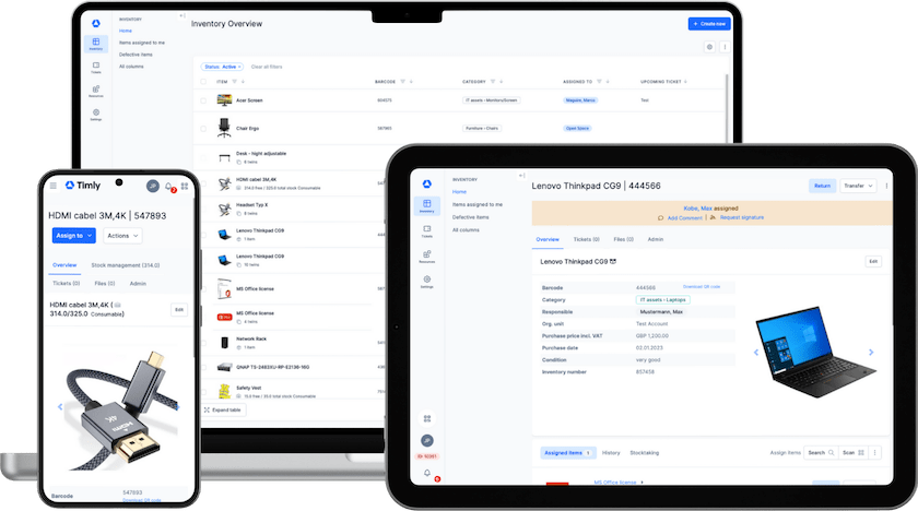 The IT asset management software shown across various screens