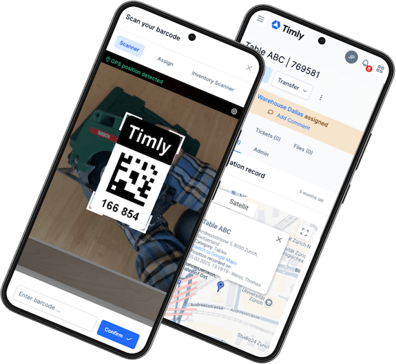 Timly Tool Tracking Software displayed on mobile device
