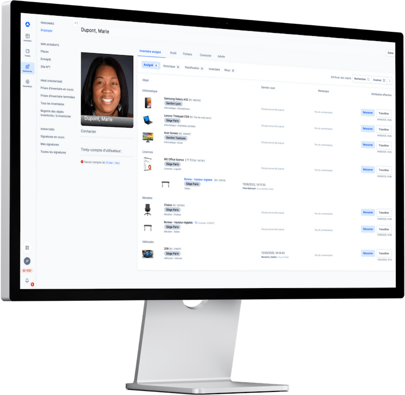 L’écran affiche un logiciel de gestion de parc informatique avec un profil d’employé