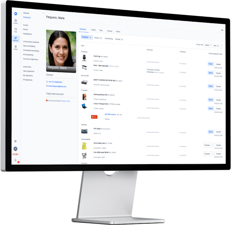 Screen shows IT asset management software with employee profile