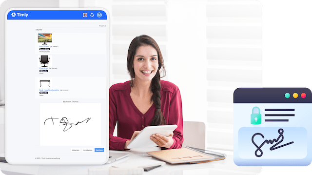 Female employee carries out IT asset management with signature