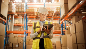 Une femme réalise l'inventaire annuel digitalisé depuis une tablette