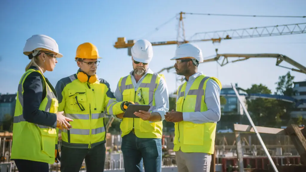 Employees discuss Capacity Management on construction site