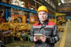 Técnico de PRL en construcción revisando la obra con una tablet, equipado con casco de seguridad en una nave industrial.